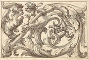 Horizontal Panel Design with Two Hybrid Creatures Interspersed between Acanthus Rinceaux, Anonymous, Italian, Venetian, 17th century  Italian, Pen and brown ink over leadpoint