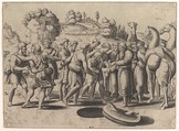 Joseph in the centre being sold by his brothers standing above a well, camels at the right, Master of the Die Italian, Engraving