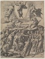 The Transfiguration of Christ, below him various figures including the Apostles, Master of the Die  Italian, Engraving