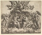 The coronation of the Virgin, Christ holding the crown over her head, God the Father  blessing above, Master of the Die  Italian, Engraving