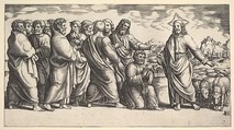 Christ standing at left indicating to a flock of sheep, before him kneels St. Peter holding the keys to the church, behind him to the left stand the Apostles, Master of the Die Italian, Engraving