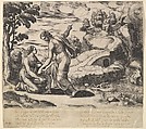 Venus ordering Psyche to take water from a fountain guarded by dragons, from "Fable of Cupid and Psyche", Master of the Die  Italian, Engraving