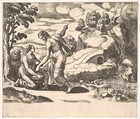Venus ordering Psyche to take water from a fountain guarded by dragons, from 'Fable of Cupd and Psyche', Master of the Die  Italian, Engraving