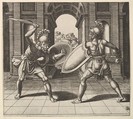 Two gladiators fighting in front of an arch, Master of the Die Italian, Engraving
