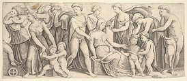 The wedding of Jason and Creusa, at left Medea takes her children, Master of the Die Italian, Engraving