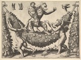A monkey holding a bound putto standing on a garland in front of which are two winged putti, from a series of tapestries made for Leo X, Master of the Die Italian, Engraving, second state of two