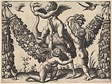 Three putti before a large garland, the one in the middle rides an ostrich, from a series of tapestries made for Leo X, Master of the Die  Italian, engraving; first state of two