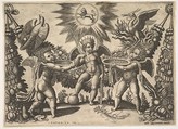 Two putti presenting cups full of gold to a putto in the guise of the god of riches, from a series of tapestries made for Leo X, Master of the Die Italian, Engraving, second state of two