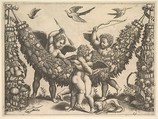 Four putti, two embracing in front of a large garland, two behind, the one at left holding an arrow, the one at right a bow, from a series of tapestries made for Leo X, Master of the Die Italian, Engraving; first state