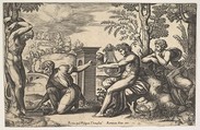 Apollo seated at the right with a lyre on his knee, pointing to a kneeling man who is about to flay Marsyas who is tied naked to a tree at left, Master of the Die  Italian, Engraving