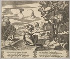 Plate 14: Cupid airborne gleeing from Psyche, from "The Fable of Cupid and Psyche", Master of the Die  Italian, Engraving