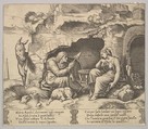 Plate 1: Apuleius changed into a donkey listening to the story told by the old woman spinning, Master of the Die Italian, Engraving