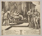 Plate 8: Psyche seated at a table and attended by invisible servants, Eros beside the goddess, from "The Fable of Cupid and Psyche", Master of the Die Italian, Engraving