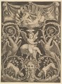 A panel of ornament with a putto in the centre holding a windmill, Master of the Die  Italian, Engraving