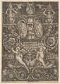 A panel of ornament, putti standing on cornucopia in lower section, Master of the Die Italian, Engraving