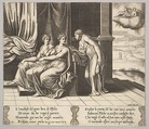 Plate 12: Psyche's sisters persuade her a serpent is sleeping with her, from "The Fable of Cupid and Psyche", Master of the Die  Italian, Engraving