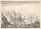 Naval Battle with an English Ship Foundering on the Left, from Naval Battles (Nieuwe Scheeps Batalien), plate 5, Reinier Nooms, called Zeeman Dutch, Etching; second state of three