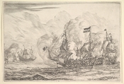 Naval Encounter with Three Vessels on the Right, from Naval Battles (Nieuwe Scheeps Batalien), plate 7, Reinier Nooms, called Zeeman Dutch, Etching; second state of three