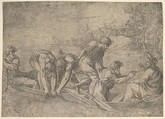 The miraculous draught of the fishes, Christ at the right accompanied by apostles in the boat, Andrea Schiavone (Andrea Meldola) Italian, Etching
