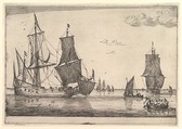Large Sailing Vessel and Rowing Boat, Reinier Nooms, called Zeeman Dutch, Etching; state I