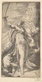 Judith her sword raised in her right hand, placing the head of Holofernes in the sack with her left, Andrea Schiavone (Andrea Meldola) Italian, Etching