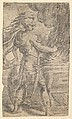 Mutius Scaevola placing his hand in the flames (left half of a composition, the right half of which shows a woman extending her right arm towards an altar), Andrea Schiavone (Andrea Meldola)  Italian, Etching