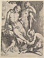 Oreads Removing a Thorn from a Satyr's Foot, Jan Muller Netherlandish, Engraving