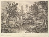 View of the Bridge of Washerwomen at the Peasant House, Quentin Pierre Chedel French, Etching