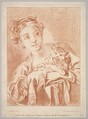 A Young Girl holding a Cat, Louis Marin Bonnet  French, Crayon-manner engraving printed in sanguine ink; second state of two