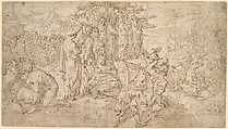 The Destruction of the Pharaoh’s Army, Hendrick de Clerck Netherlandish, Pen and brown ink, brown wash, over black chalk, squared in black chalk for transfer