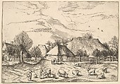 Farms, cattle with herdsmen and milkmaids in the foreground from Multifariarum casularum ruriumque lineamenta curiose ad vivum expressa, Johannes van Doetecum I Netherlandish, Etching; fourth state of five