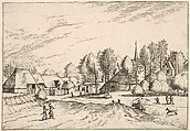 Country Village with Church Tower from Multifariarum casularum ruriumque lineamenta curiose ad vivum expressa, Johannes van Doetecum I  Netherlandish, Etching; third state of three