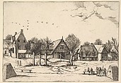 Country Village, archers in the foreground from Multifariarum casularum ruriumque lineamenta curiose ad vivum expressa, Johannes van Doetecum I Netherlandish, Etching; third state of three