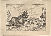 Village Street, hay stacked in front of a farm from Praediorum villarum et rusticarum casularum icones elenoantissimae ad vivum in apre deformatae, Johannes van Doetecum I Netherlandish, Etching; first state of three