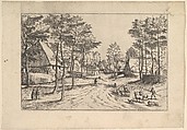 Village Street, cattle, sheep and herdsman in the foreground from Praediorum villarum et rusticarum casularum icones elenoantissimae ad vivum in apre deformatae, Johannes van Doetecum I Netherlandish, Etching; first state of three