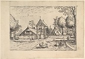 Farmstead, cows and herdsman in the foreground from Praediorum villarum et rusticarum casularum icones elenoantissimae ad vivum in apre deformatae, Johannes van Doetecum I Netherlandish, Etching; first state of three