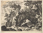 Rocky Landscape with the Stigmatization of St. Francis (reverse copy), Aegidius Sadeler II Netherlandish, Engraving