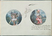 Two Costume Designs or Portrait Types and a Third Costume Sketch, Anonymous, French, 18th century  French, Pen and black ink, graphite, gouache