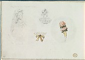 Four Costume Design Sketches of a Woman, a Basket, a Collar, and a Sleeve, Anonymous, French, 18th century  French, Pen and black ink, graphite, gouache