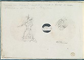 Sketches of a Woman in a Corseted Gown, a Castle, and a Horse's Head, Anonymous, French, 18th century  French, Pen and black ink, graphite, gouache