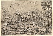 Mercury Lulling Argus to Sleep, from "Landscapes with Biblical and Mythological Scenes", Hieronymus Cock Netherlandish, Etching