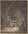 Interior of a Barn with Mother and Two Children, Right in Front a Pig (copy), Adriaen van Ostade Dutch, Engraving