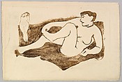 Reclining and Standing Female Nudes, Elie Nadelman American, born Poland, Linoleum cut, brown ink