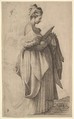 Female Figure holding a Cushion, Monogrammist VCP  Italian (?), Engraving