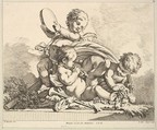Three Cupids, Two Playing Music, One Holding Palm Leaves, Louis Félix de La Rue  French, Etching and engraving