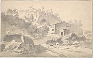 A House on a Hillside in a Southern Landscape, Adam Pynacker  Dutch, Black chalk, brush and gray wash; framing lines in pen and brown ink