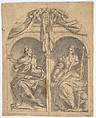 Two Wings of an Altarpiece depicting Saints John the Baptist and Catherine in Niches Surmounted by Angels, Jan van Scorel  Netherlandish, Pen and brown ink, gray wash, squared with black chalk or graphite; framing line in pen and brown ink, by the artist; on two separate pieces of paper, later laid down