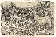 The Servants Drive a Herd of Yahoos into the Field laden with Hay (illustration to "Gulliver's Travels"), Louis John Rhead American, Pen and ink