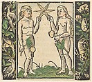 Adam and Eve Holding a Star, illustration from Beschlossen Gart des Rosenkranz Mariae, Hans Baldung (called Hans Baldung Grien)  German, Woodcut, hand-colored