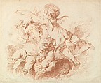 L'Air (The Air): A Group of Three Putti on Clouds, Louis Marin Bonnet  French, Crayon-manner engraving in red ink